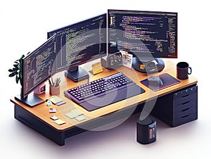 Modern Programmer's Workspace with Triple Monitors and Code