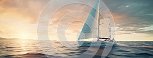 a sleek yacht with full sails, leaning into the wind as it gracefully maneuvers through the open sea, showcasing the