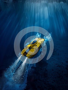 A sleek, yellow underwater vehicle glides effortlessly through the azure depths, its advanced propulsion system and