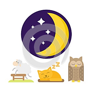 Sleep animals icon vector illustration gift toy sleeping owl cat set