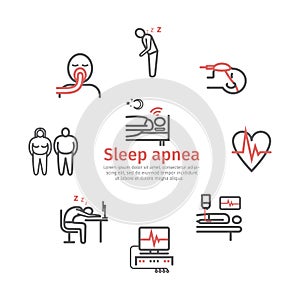 Sleep Apnea banner. Symptoms, Treatment. Line icons set. Vector signs for web graphics.