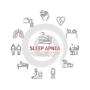 Sleep Apnea round banner. Symptoms, Treatment. Line icons. Vector signs for web graphics.