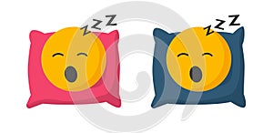 Sleep bed person icon flat cartoon illustration set, yellow red blue asleep smile character in pillow snooze, deep rest doze