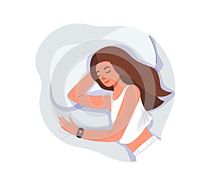 Sleep control concept vector background isolated on white. Young woman sleeping at home on bed with smart watch on her