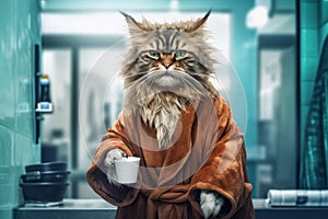 Sleep-deprived cat in a bathrobe and holding a coffee mug in hand in the morning