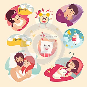 Sleep design concept. Cartoon alarm clock, insomnia, pillow, sleeping boy and girl