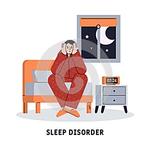 Sleep disorder concept with insomniac man cartoon vector illustration isolated. photo