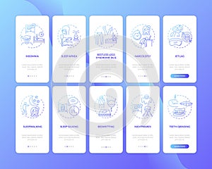 Sleep disorders blue gradient onboarding mobile app page screen with concepts set