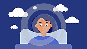 Sleep Disturbance A person lying in bed with wide eyes and floating thought clouds disrupting sleep reflecting insomnia photo