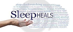 Sleep Heals word cloud concept on white background