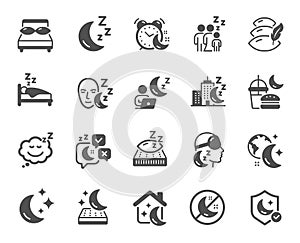 Sleep icons. Sleeping pillow, Night bed and Insomnia sleeplessness icons. Vector