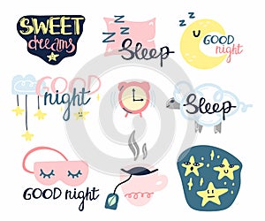 Sleep and insomnia doodle set. Cute emblems in pastel colors pillow, moon and stars, eyemask and alarm with hand drawn lettering photo