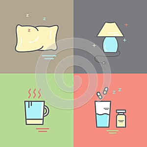 Sleep and insomnia line icons. Four cute color elements.