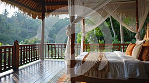 Sleep like royalty in this resort room equipped with a cozy canopy bed sound machine and a private balcony overlooking