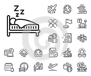 Sleep line icon. Night rest bed sign. Plane jet, travel map and baggage claim. Vector