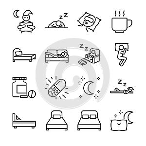 Sleep line icon set. Included the icons as insomnia, sleepless, bed, bedtime, sleepwalk, night, sleeping pill and more.