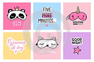 Sleep masks and quotes. Vector cards collection. Blindfold classic and animal shaped - cat, panda, unicorn. Cute