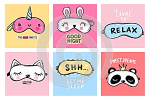 Sleep masks and quotes. Vector cards collection. Blindfold classic and animal shaped - cat, panda, unicorn. Cute