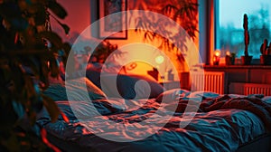 sleep optimization setup including a high-quality mattress, sleep tracker and diffused red light to promote melatonin