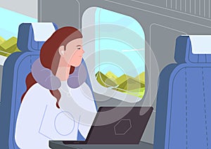 Sleep in plane. Napping woman with headphones and neck pillow sleeping indoor airplane, nap female passenger sitting on