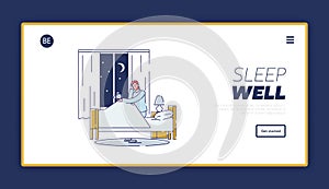 Sleep problems landing page with man suffering from insomnia staring at alarm clock in bed