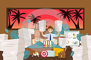 Sleep problems, workaholic neglects rest vector illustration. Man transferred work home, lot papers, documents in photo