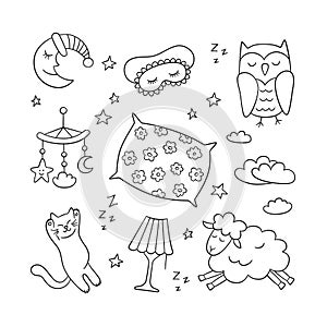 Sleep set in doodle style. Good night symbols - moon, lamp, sleeping cat, pillow and more. Vector illustration