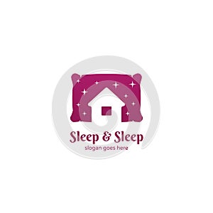 Sleep and sleep hotel motel inn logo with pillow icon logo illustration and night sky full with stars, fun cartoon style