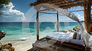 Sleep soundly in a cozy seaside cabana surrounded by the rhythmic melodies of the ocean. 2d flat cartoon photo