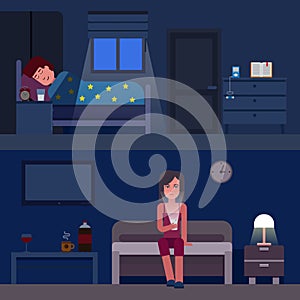 Sleep time infographics vector flat illustration. Infographic How to get better sleep. Insomnia and good sleep flat