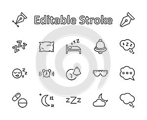 Sleep Vector Line Icons Set. Contains such Icons as Alarm Clock, Bed, Insomnia, Pillow, Sleeping Pills, Bell, Glasses