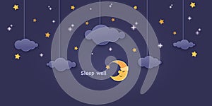 Sleep well. Night sky. Clouds, crescent moon with stars. Cartoon paper cut, dark blue sky background