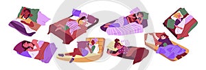 Sleep woman. Asleep cartoon flat style modern character, dream bed, nap and snore in bedroom, sleepy child awake. Girl