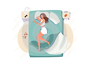 Sleep woman vector background. Sleeping girl on the side wearing on pajamas, lying on bed with pillows and blanket in