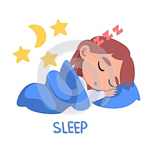 Sleep Word, the Verb Expressing the Action, Children Education Concept, Cute Sleeping Girl Cartoon Style Vector