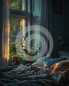 Sleep zone with night calm, quiet bedroom setting, indirect light, corner view, cozy ambiance, pastel hues, Prime Lenses