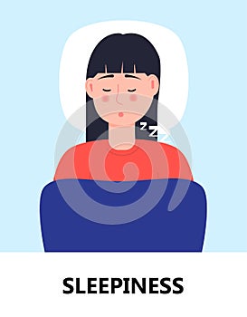 Sleepiness icon vector. Flu, cold, coronavirus symptom is shown. Woman is sleeping. Infected person with painful photo