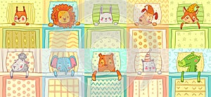 Sleeping animals. Cute animal night sleep in bed, funny dog on pillow and cat in nightcap cartoon vector illustration