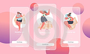 Sleeping App Mobile Page Onboard Screen Template. Woman Sleep Poses, Girl Lying in Bed in Various Comfortable Positions