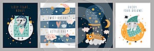 Sleeping baby animal cards. Good night banners with fauna and text. Sky childish elements. Funny characters lying in