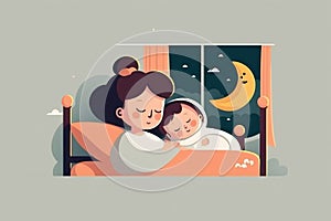 Sleeping baby and mother on bed, concept of Family Bonding and Snuggling, created with Generative AI technology