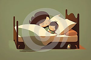 Sleeping baby and mother on bed, concept of Family Bonding and Snuggling, created with Generative AI technology