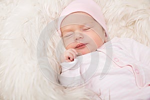 Sleeping Baby, New Born Kid Sleep in Fur, Beautiful Newborn Infant close up Portrait