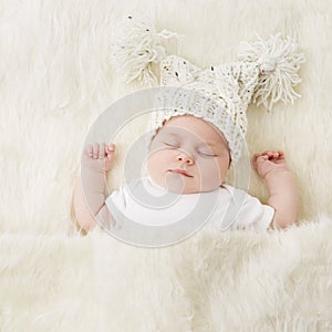 Sleeping Baby, New Born Kid Sleep in Hat, Beautiful Newborn Infant in Bed