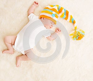 Sleeping Baby, Newborn Kid Sleep In Hat, Beautiful New Born Infant Child