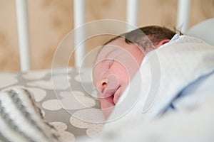 Sleeping baby. Peaceful baby lying on a bed while sleeping in a bright room