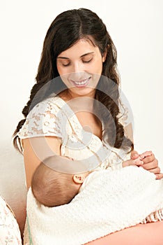 Sleeping baby portrait in mother hand, happy maternity and childhood concept