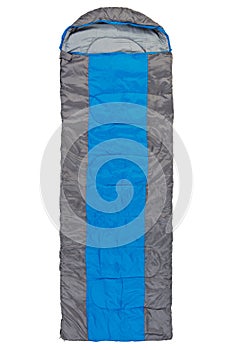 Sleeping bag with a blue stripe, laid out, on a white background, visas from above