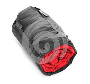 Sleeping bag in case on white background.
