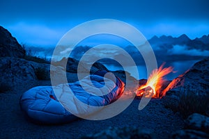 Sleeping bag near a glowing campfire with mountains in the background, representing adventure and outdoor exploration. photo